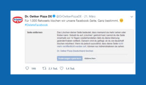 Dr. Oetker kündigte an, den Facebook-Account für 1000 Retweets zu löschen.