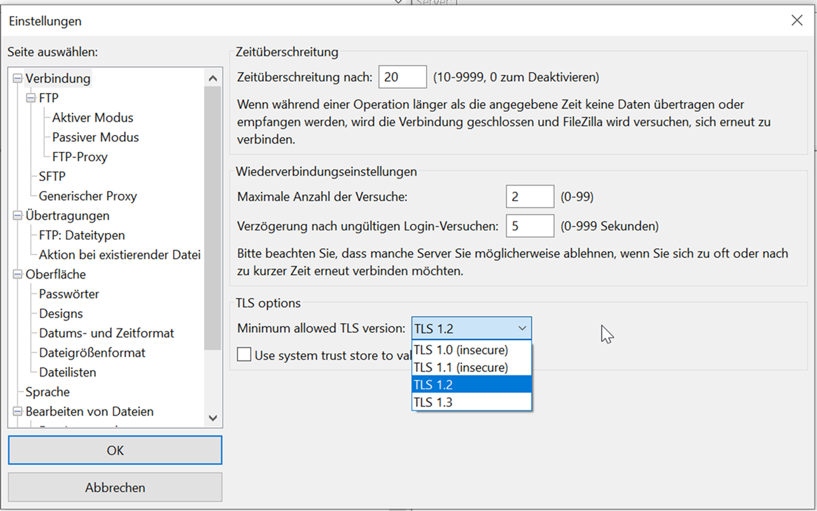 FileZilla Einstellungen